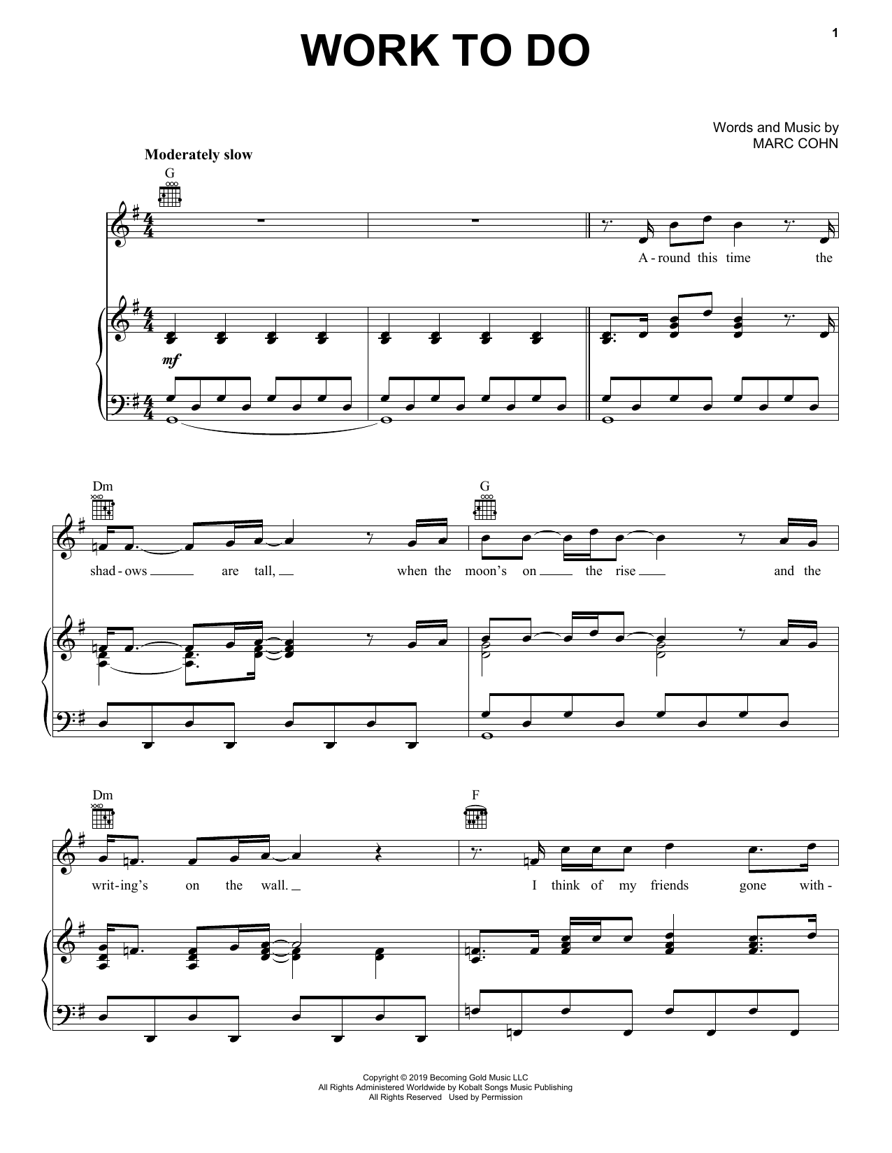 Marc Cohn Work To Do sheet music notes and chords arranged for Piano, Vocal & Guitar Chords (Right-Hand Melody)
