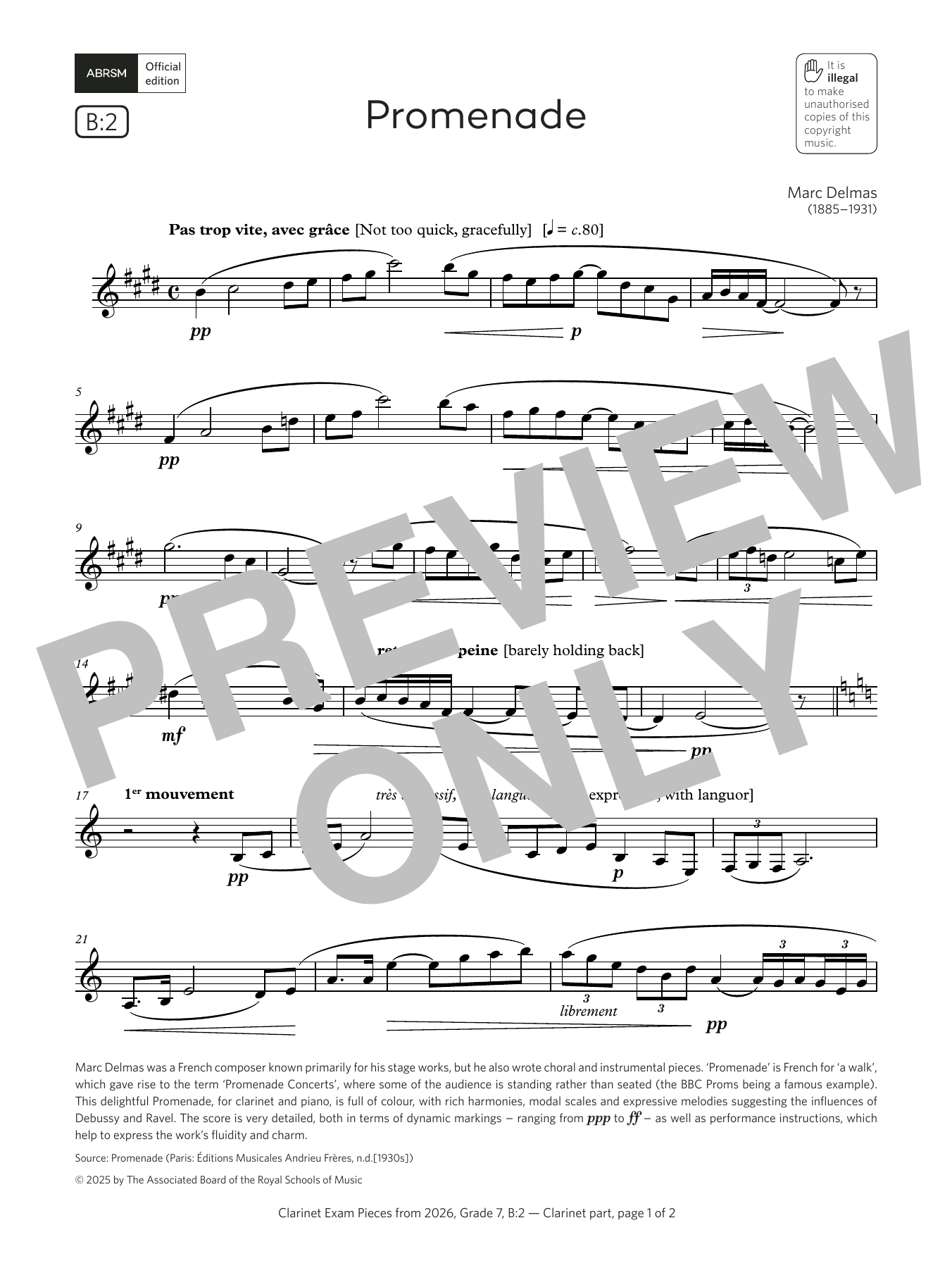 Marc Delmas Promenade (Grade 7, list B2, from the ABRSM Clarinet Syllabus from 2026) sheet music notes and chords arranged for Clarinet Solo