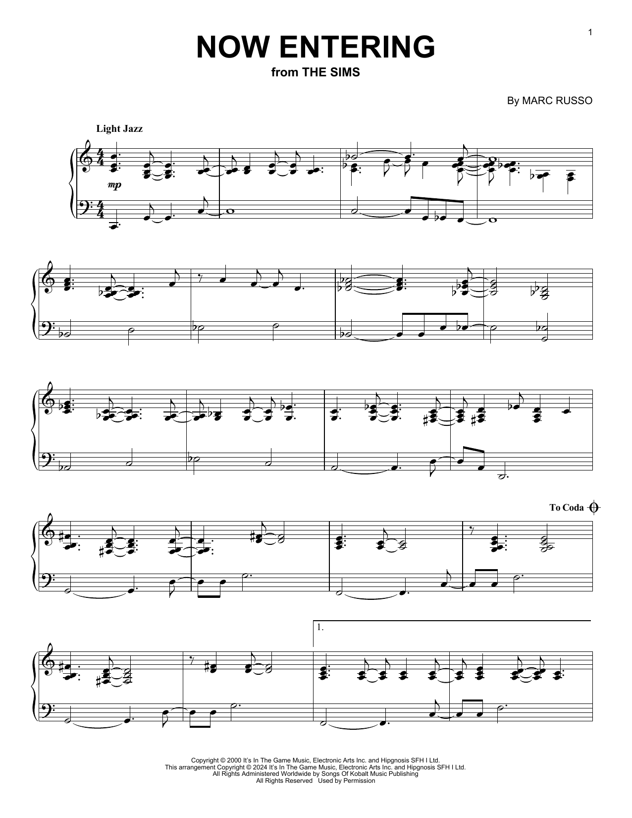 Marc Russo Now Entering (from The Sims) sheet music notes and chords arranged for Piano Solo