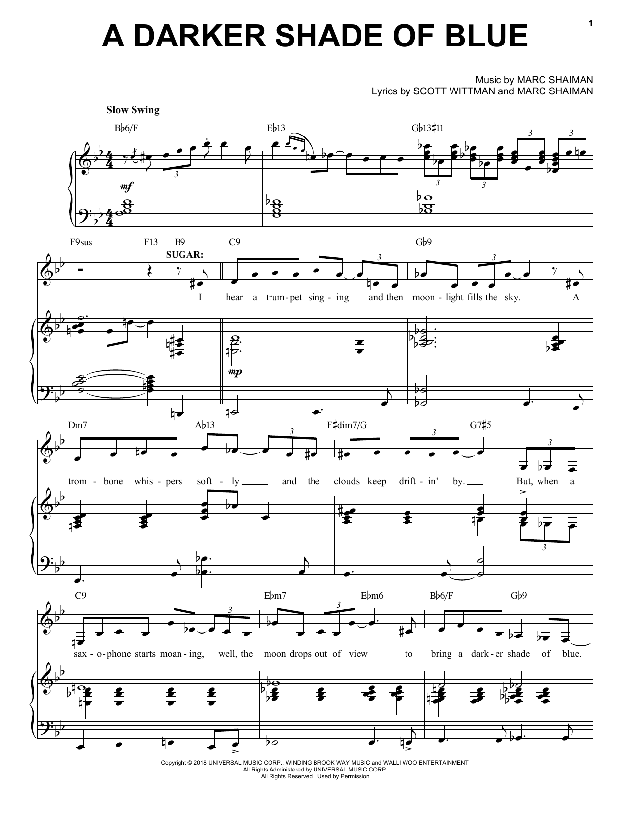 Marc Shaiman & Scott Wittman A Darker Shade Of Blue (from Some Like It Hot) sheet music notes and chords arranged for Piano, Vocal & Guitar Chords (Right-Hand Melody)