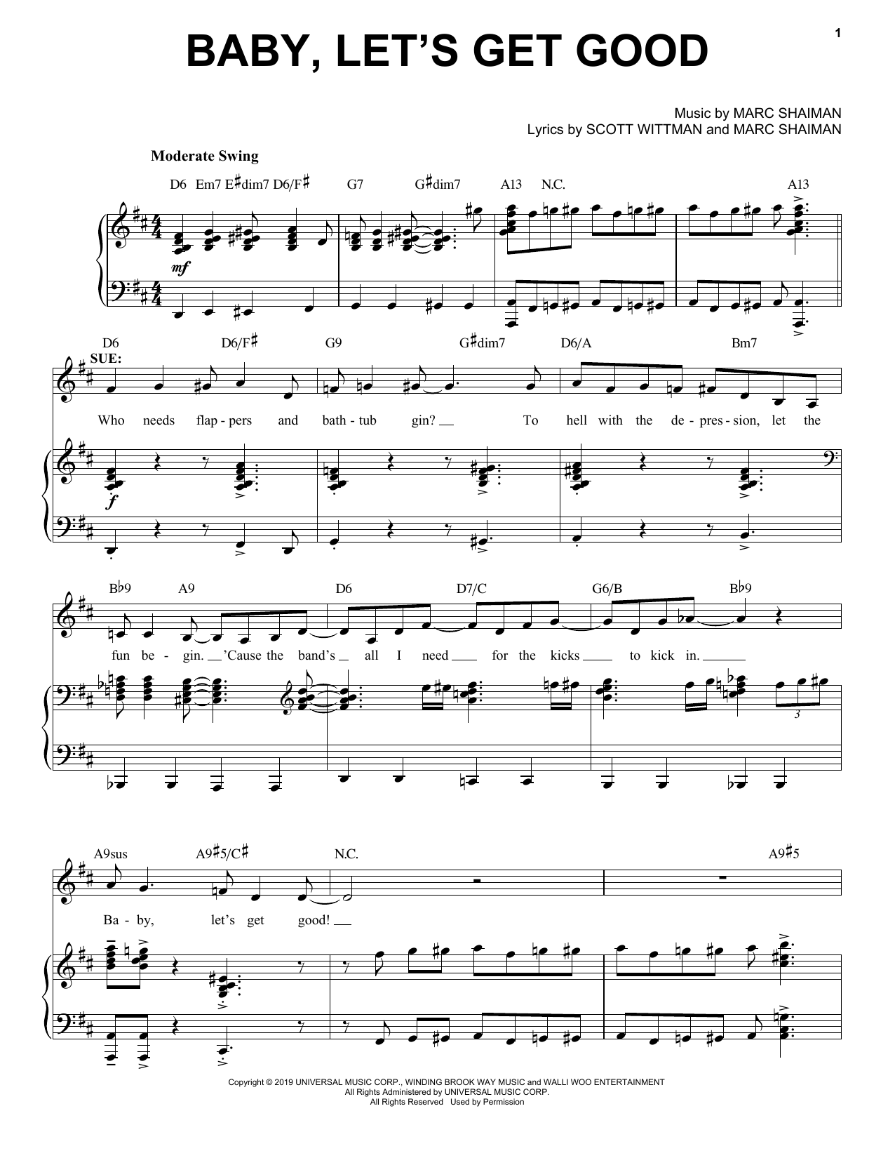 Marc Shaiman & Scott Wittman Baby, Let's Get Good (from Some Like It Hot) sheet music notes and chords arranged for Piano, Vocal & Guitar Chords (Right-Hand Melody)