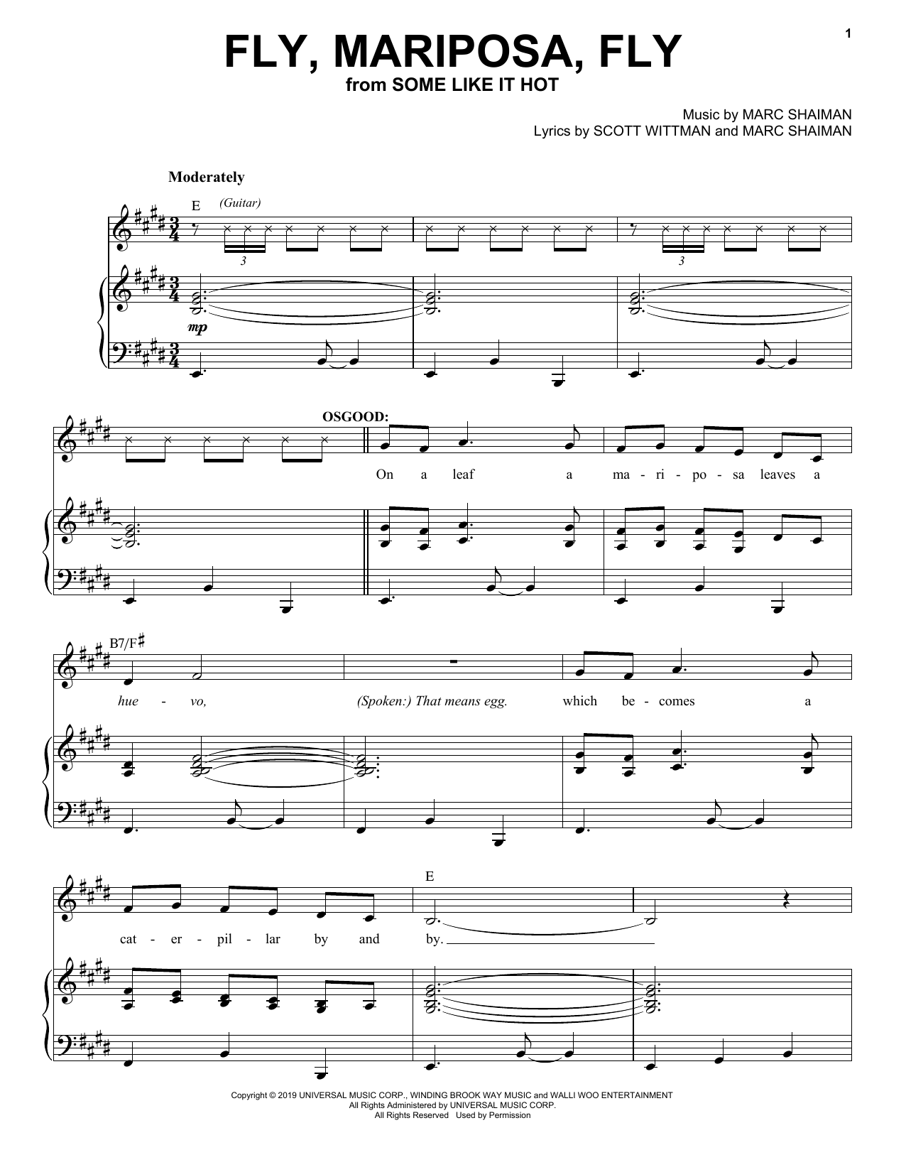 Marc Shaiman & Scott Wittman Fly, Mariposa, Fly (from Some Like It Hot) sheet music notes and chords arranged for Piano, Vocal & Guitar Chords (Right-Hand Melody)