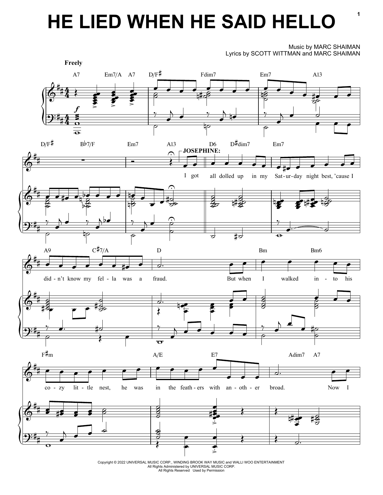 Marc Shaiman & Scott Wittman He Lied When He Said Hello (from Some Like It Hot) sheet music notes and chords arranged for Piano, Vocal & Guitar Chords (Right-Hand Melody)