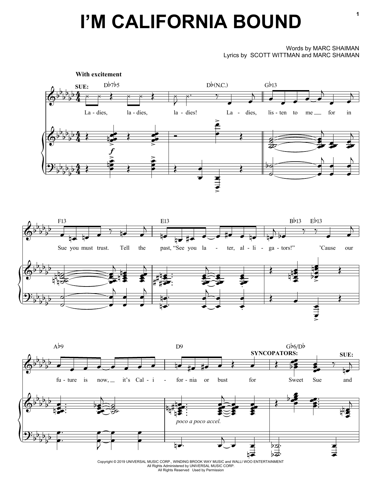 Marc Shaiman & Scott Wittman I'm California Bound (from Some Like It Hot) sheet music notes and chords arranged for Piano, Vocal & Guitar Chords (Right-Hand Melody)