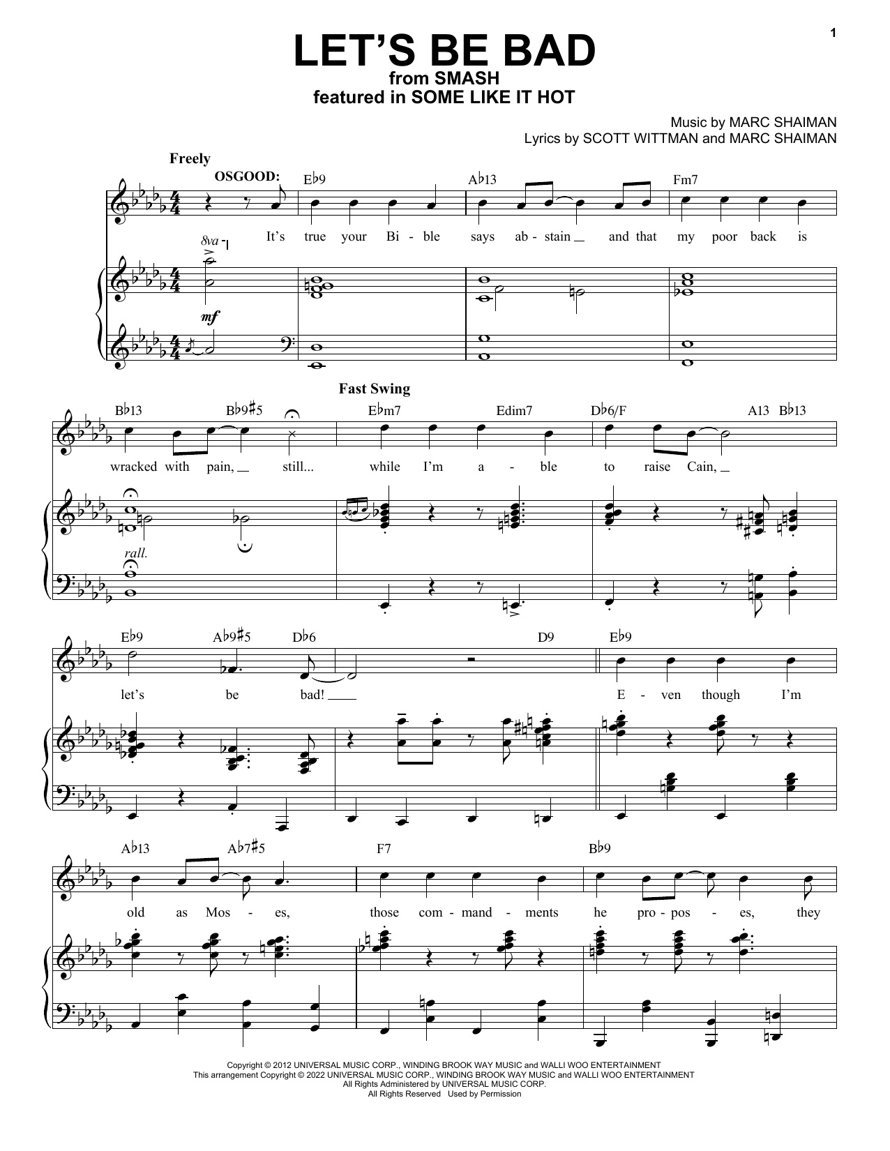 Marc Shaiman & Scott Wittman Let's Be Bad (from Some Like It Hot) sheet music notes and chords arranged for Piano, Vocal & Guitar Chords (Right-Hand Melody)