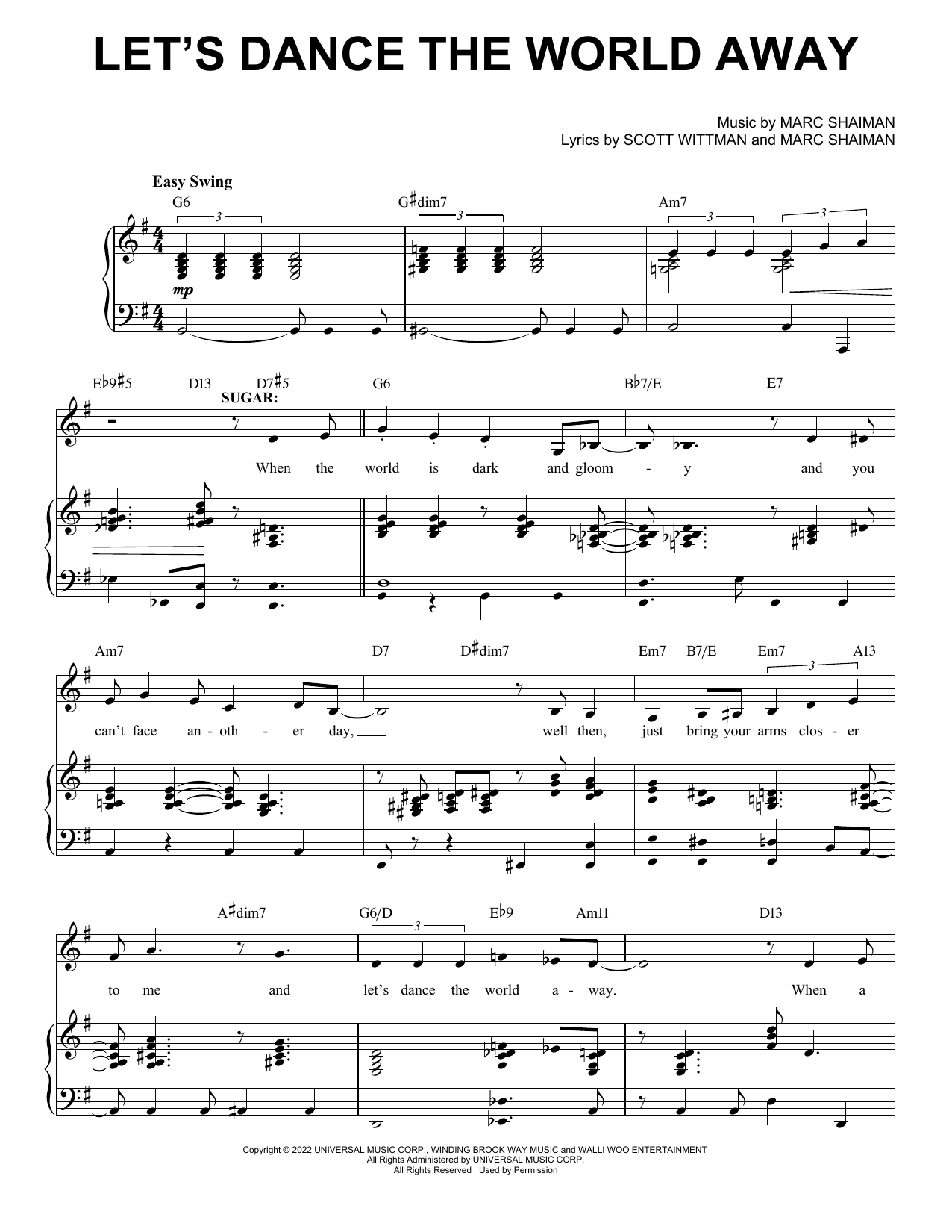 Marc Shaiman & Scott Wittman Let's Dance The World Away (from Some Like It Hot) sheet music notes and chords arranged for Piano, Vocal & Guitar Chords (Right-Hand Melody)