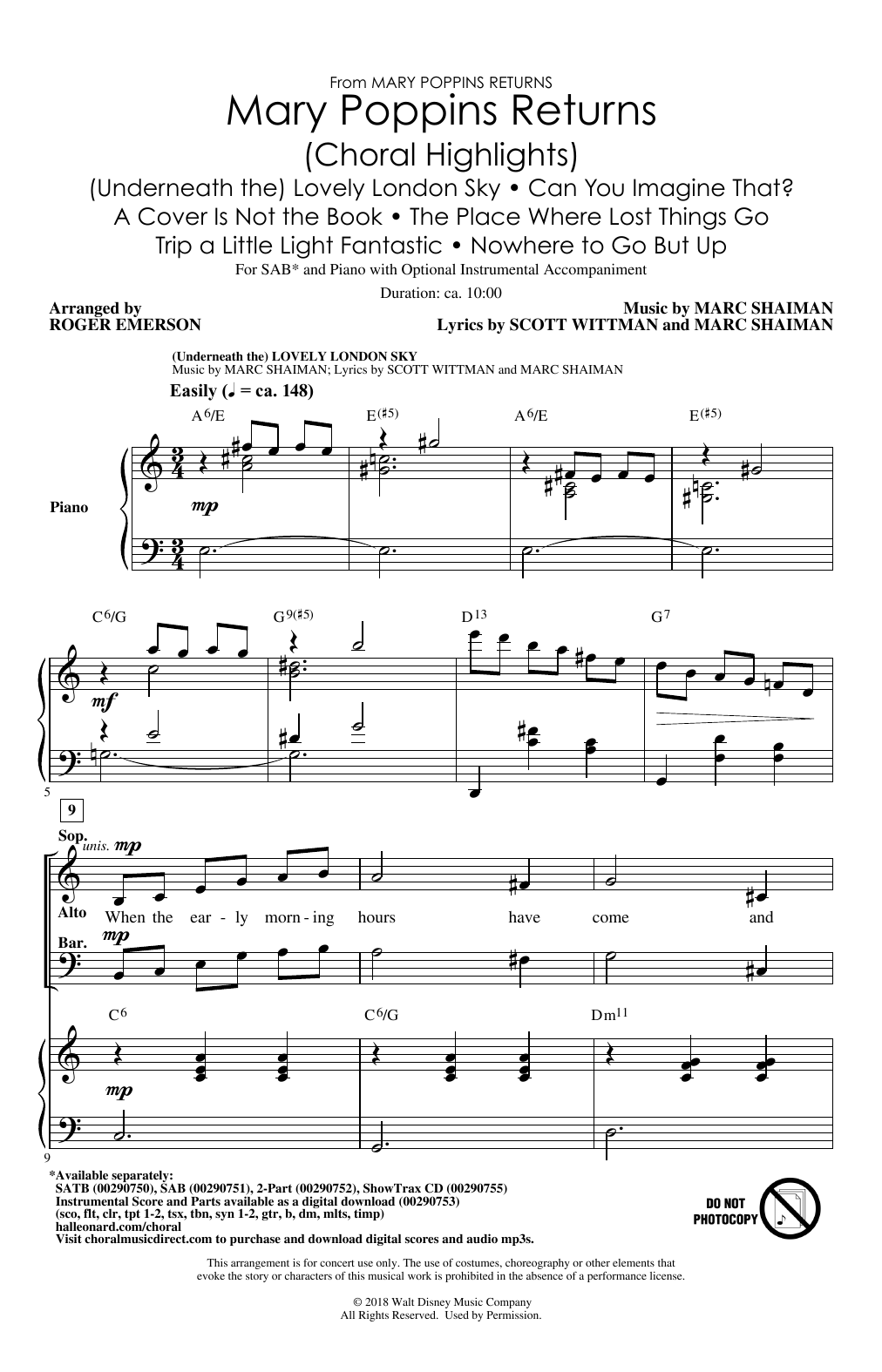 Marc Shaiman & Scott Wittman Mary Poppins Returns (Choral Highlights) (arr. Roger Emerson) sheet music notes and chords arranged for SAB Choir