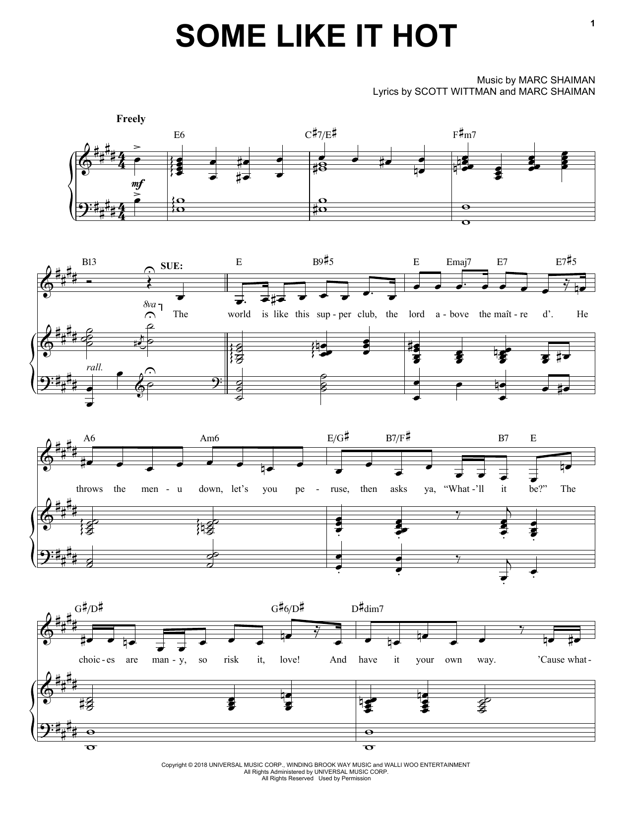 Marc Shaiman & Scott Wittman Some Like It Hot (from Some Like It Hot) sheet music notes and chords arranged for Piano, Vocal & Guitar Chords (Right-Hand Melody)