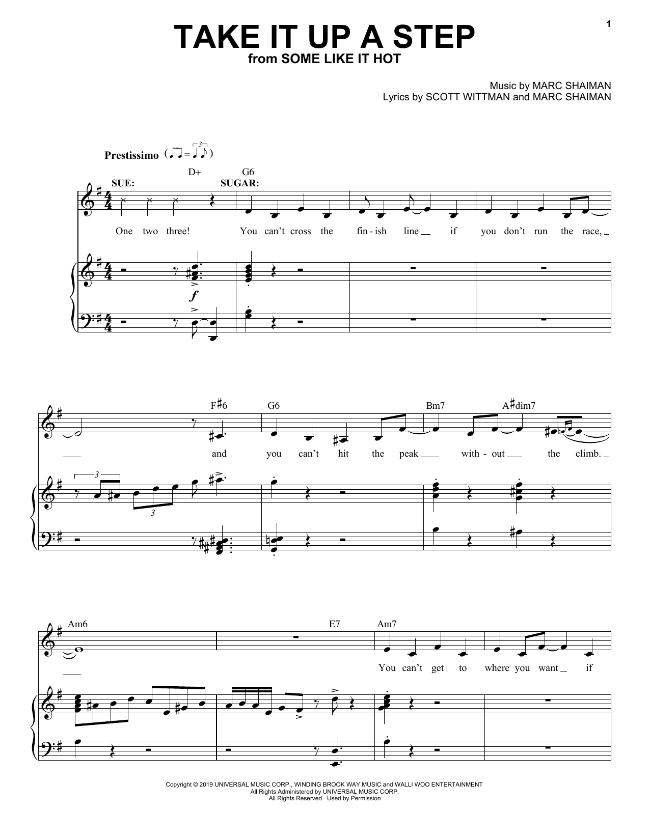 Marc Shaiman & Scott Wittman Take It Up A Step (from Some Like It Hot) sheet music notes and chords arranged for Piano, Vocal & Guitar Chords (Right-Hand Melody)