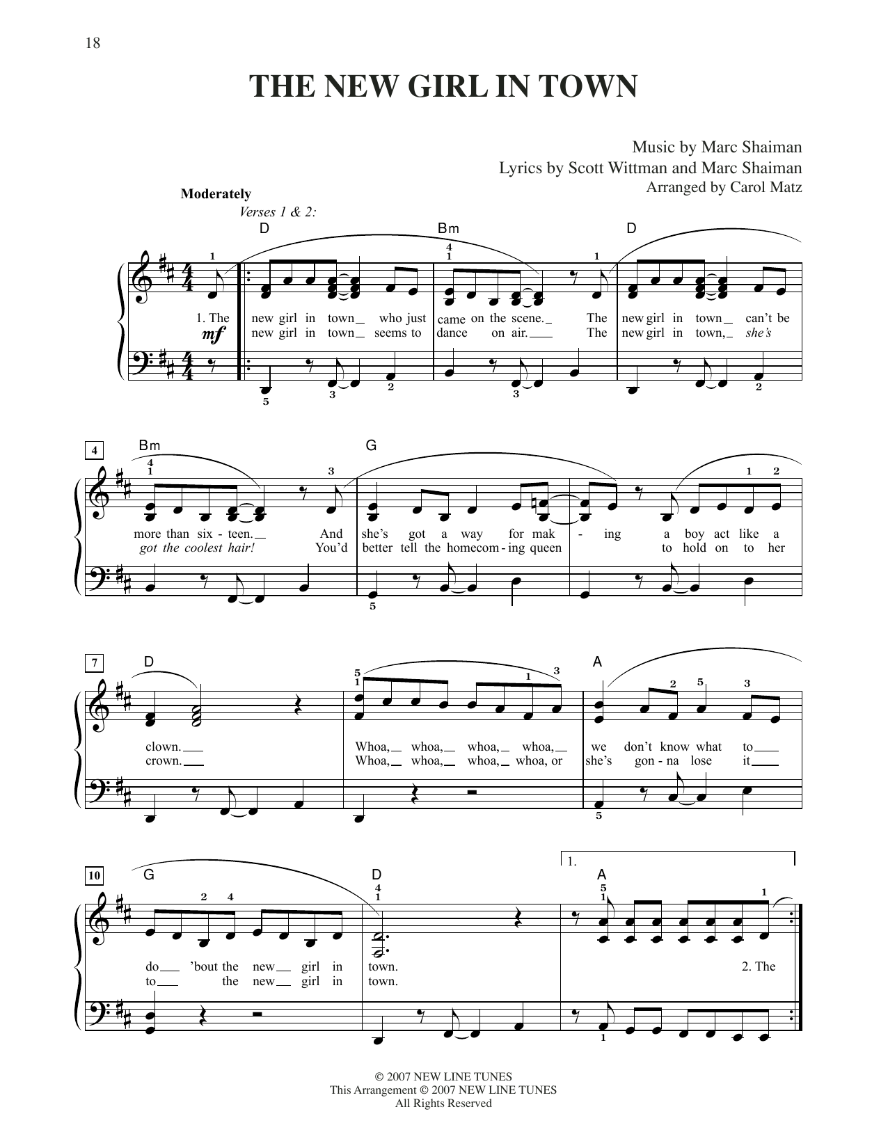 Marc Shaiman & Scott Wittman The New Girl In Town (from Hairspray) (arr. Carol Matz) sheet music notes and chords arranged for Easy Piano