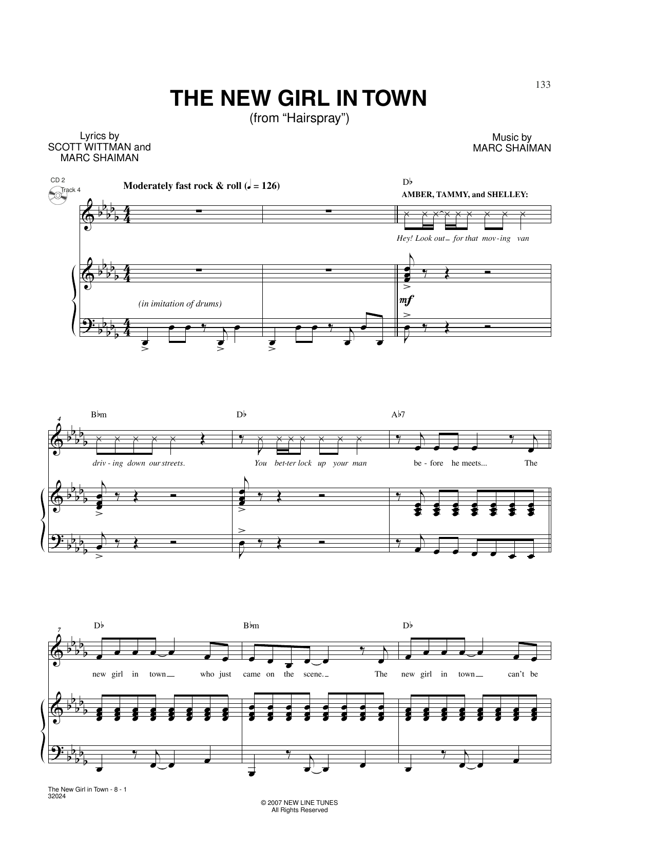 Marc Shaiman & Scott Wittman The New Girl In Town (from Hairspray) sheet music notes and chords arranged for Piano, Vocal & Guitar Chords (Right-Hand Melody)