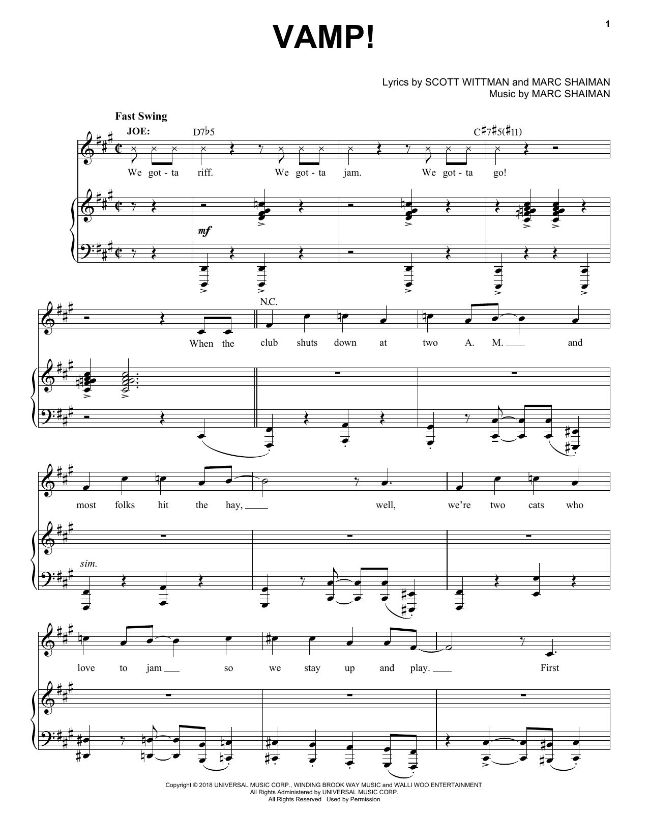 Marc Shaiman & Scott Wittman Vamp! (from Some Like It Hot) sheet music notes and chords arranged for Piano, Vocal & Guitar Chords (Right-Hand Melody)