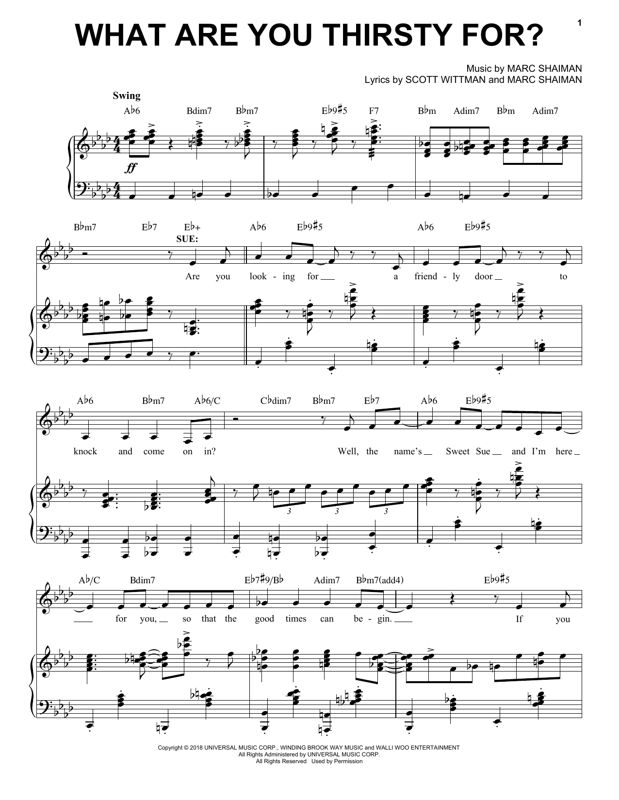 Marc Shaiman & Scott Wittman What Are You Thirsty For? (from Some Like It Hot) sheet music notes and chords arranged for Piano, Vocal & Guitar Chords (Right-Hand Melody)