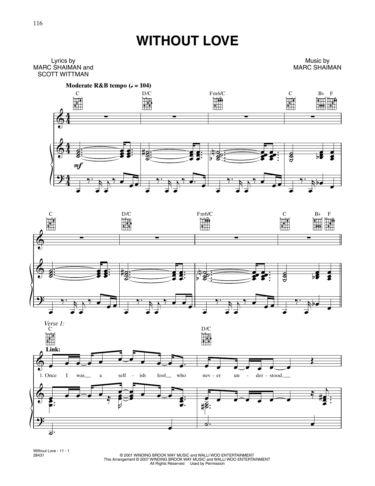 Marc Shaiman & Scott Wittman Without Love (from Hairspray) sheet music notes and chords arranged for Piano, Vocal & Guitar Chords (Right-Hand Melody)