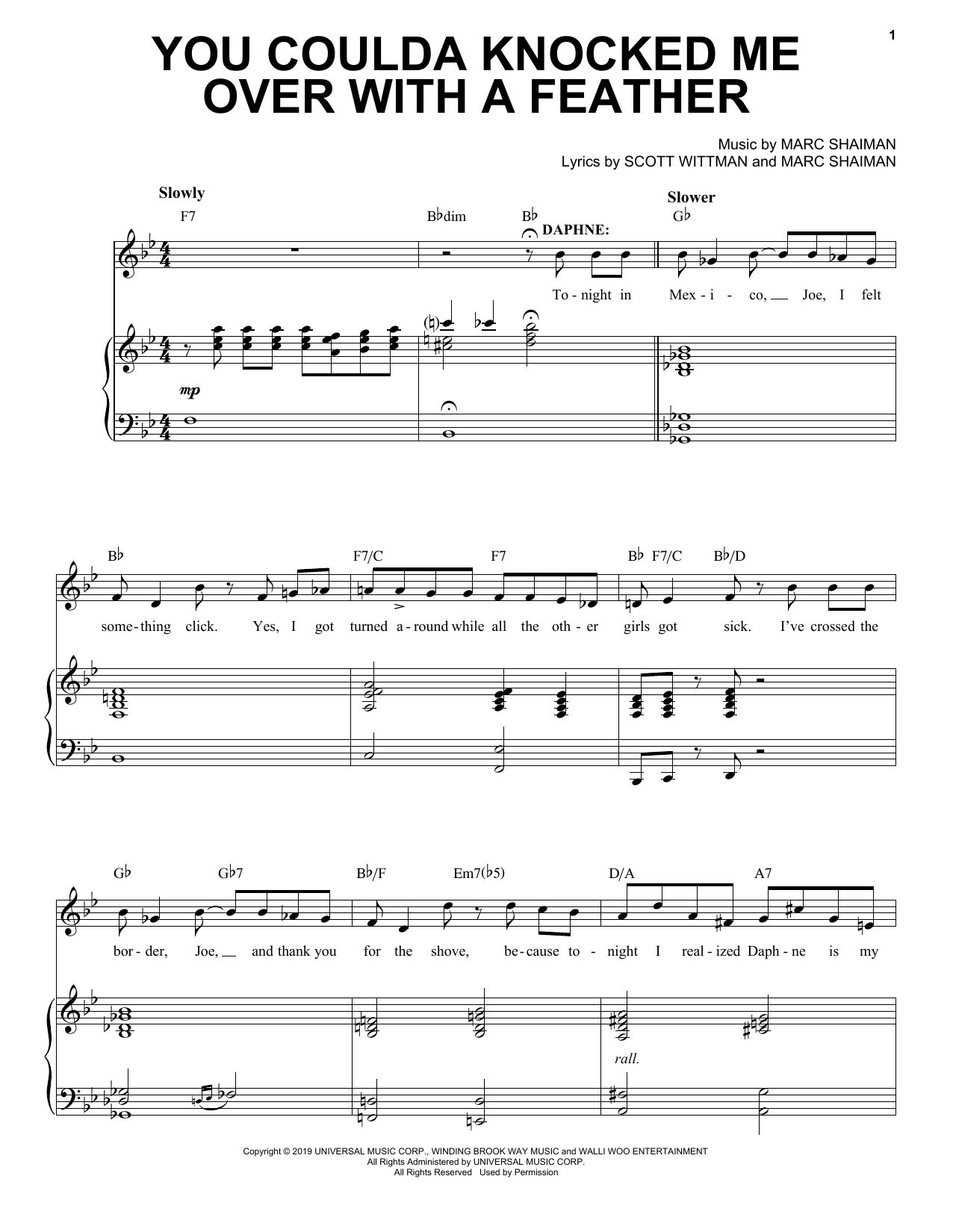 Marc Shaiman & Scott Wittman You Coulda Knocked Me Over With A Feather (from Some Like It Hot) sheet music notes and chords arranged for Piano, Vocal & Guitar Chords (Right-Hand Melody)