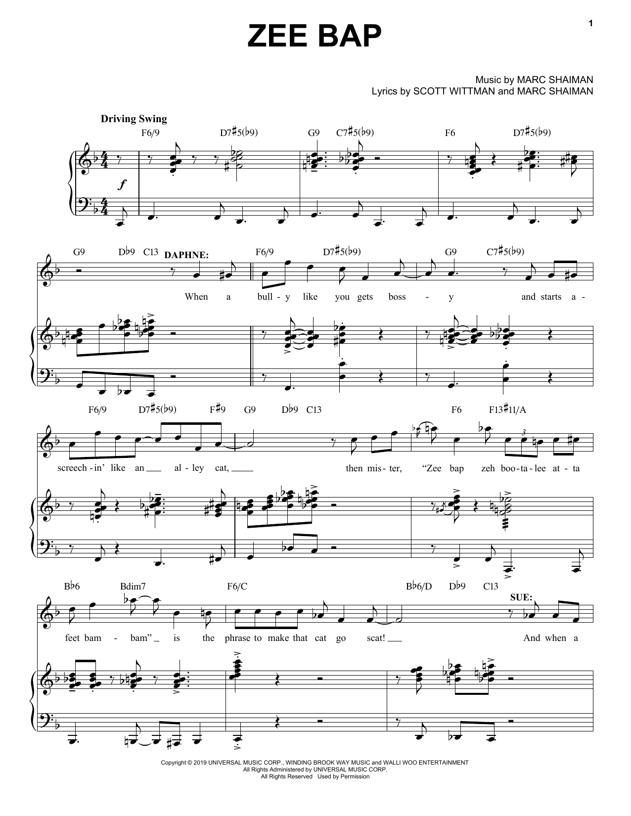 Marc Shaiman & Scott Wittman Zee Bap (from Some Like It Hot) sheet music notes and chords arranged for Piano, Vocal & Guitar Chords (Right-Hand Melody)