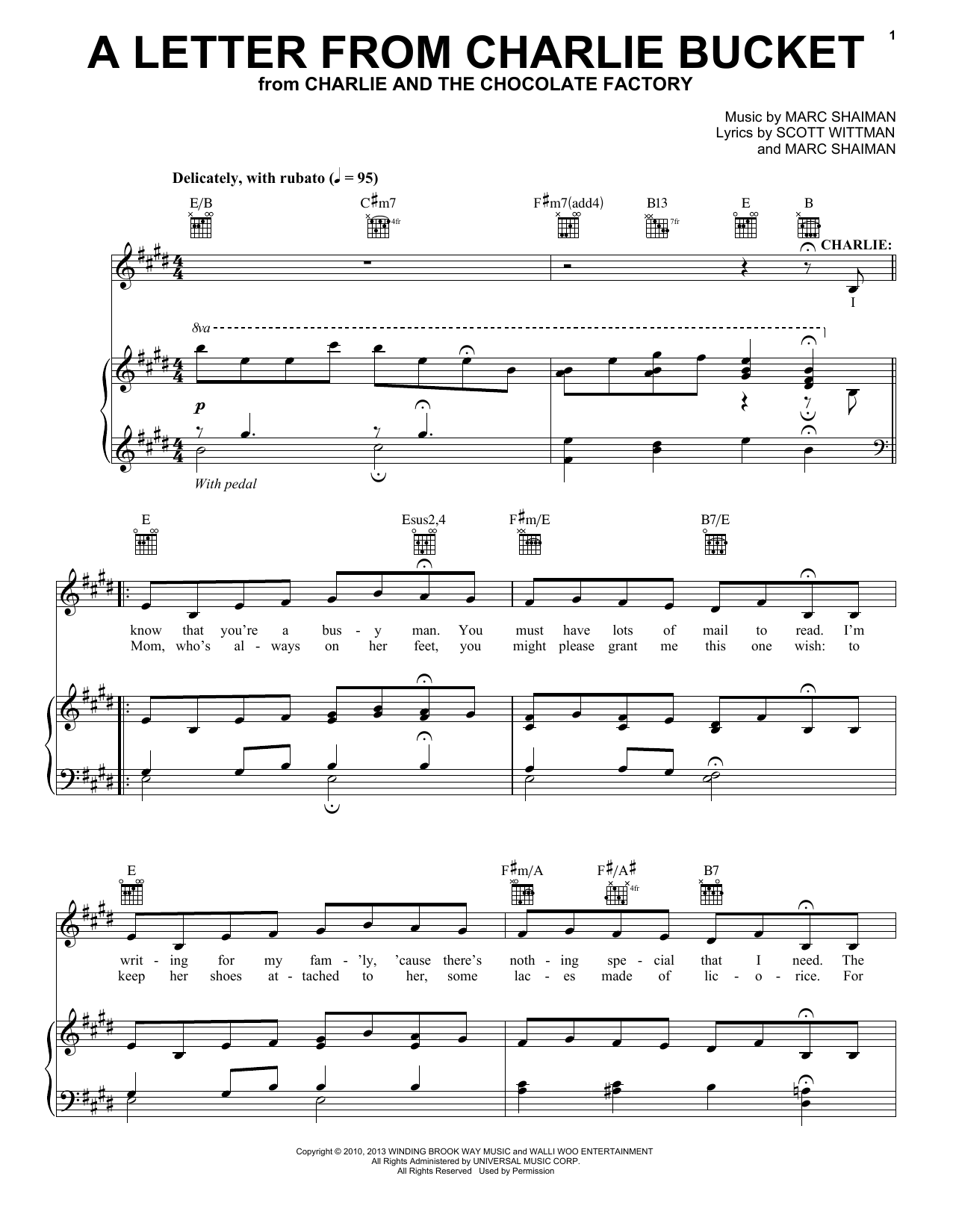 Marc Shaiman A Letter From Charlie Bucket sheet music notes and chords arranged for Piano & Vocal