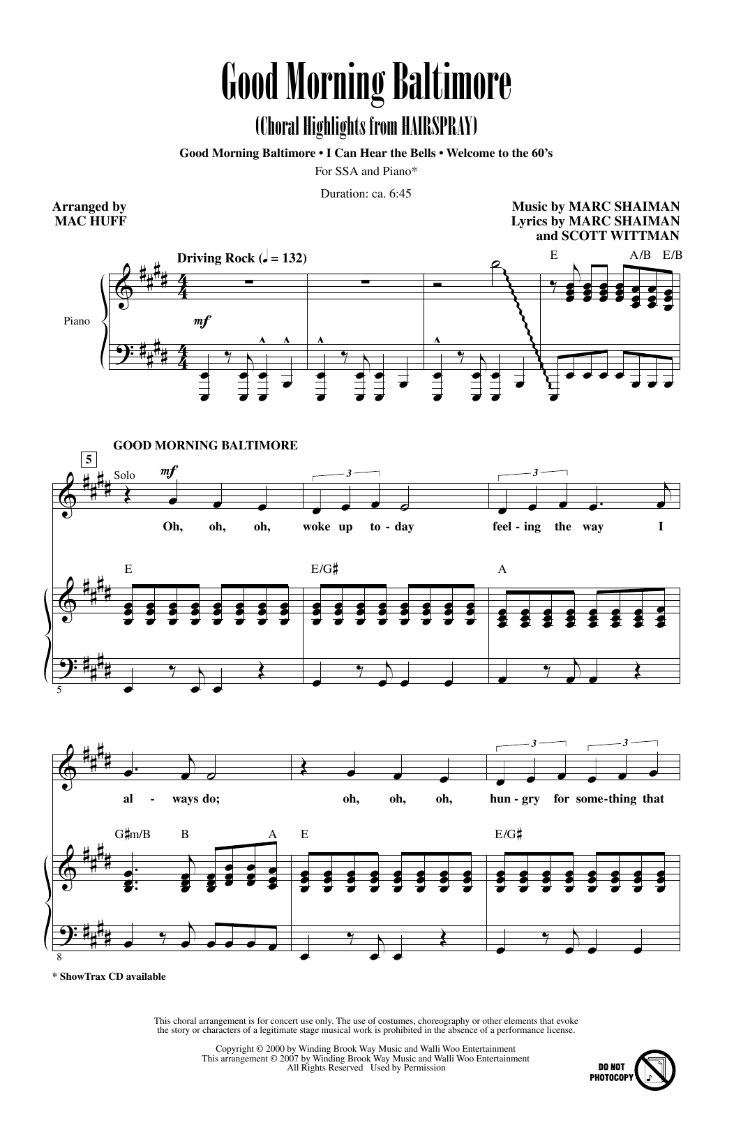 Marc Shaiman Good Morning Baltimore (Choral Highlights from Hairspray) (arr. Mac Huff) sheet music notes and chords arranged for SSA Choir