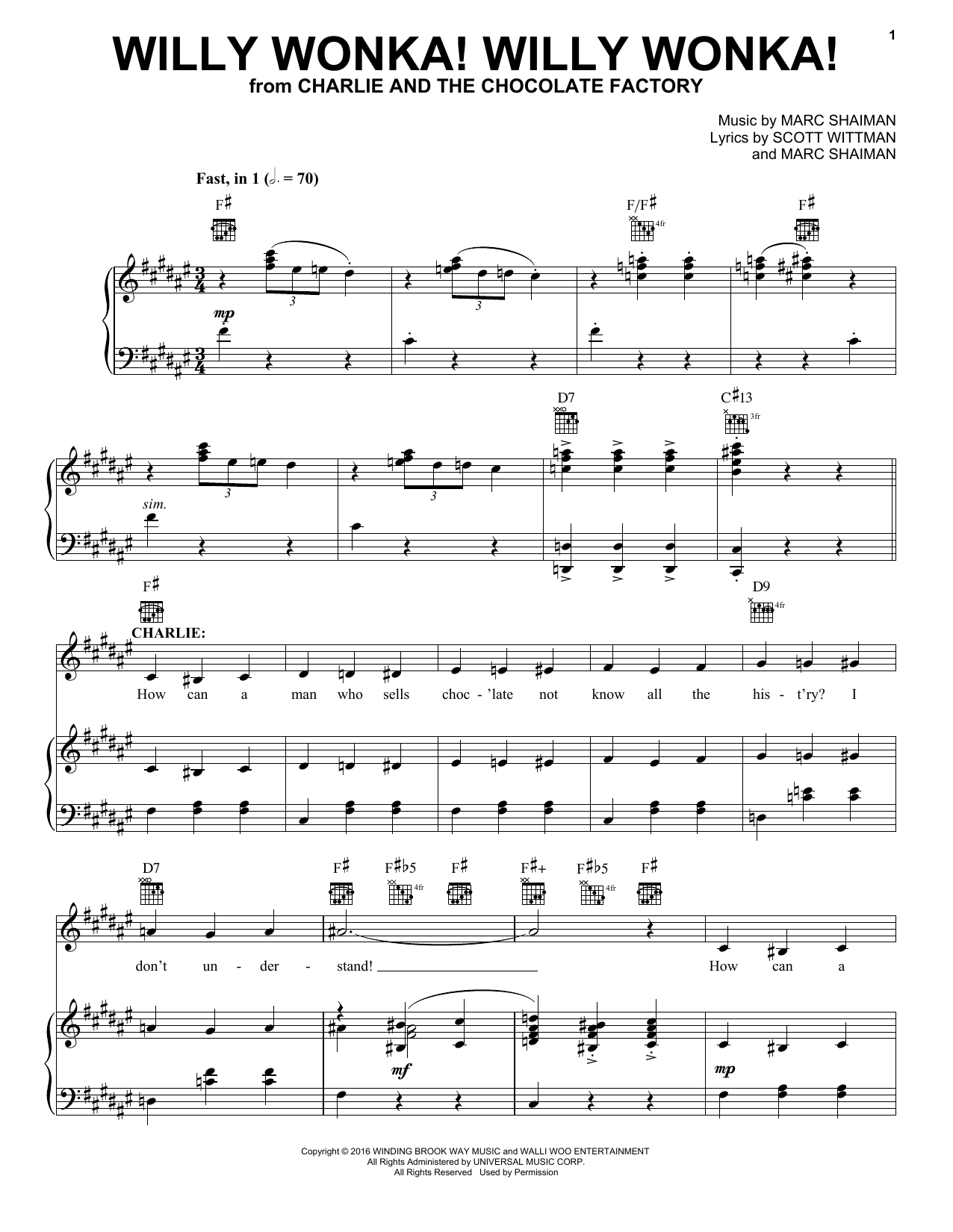 Marc Shaiman Willy Wonka! Willy Wonka! sheet music notes and chords arranged for Piano & Vocal