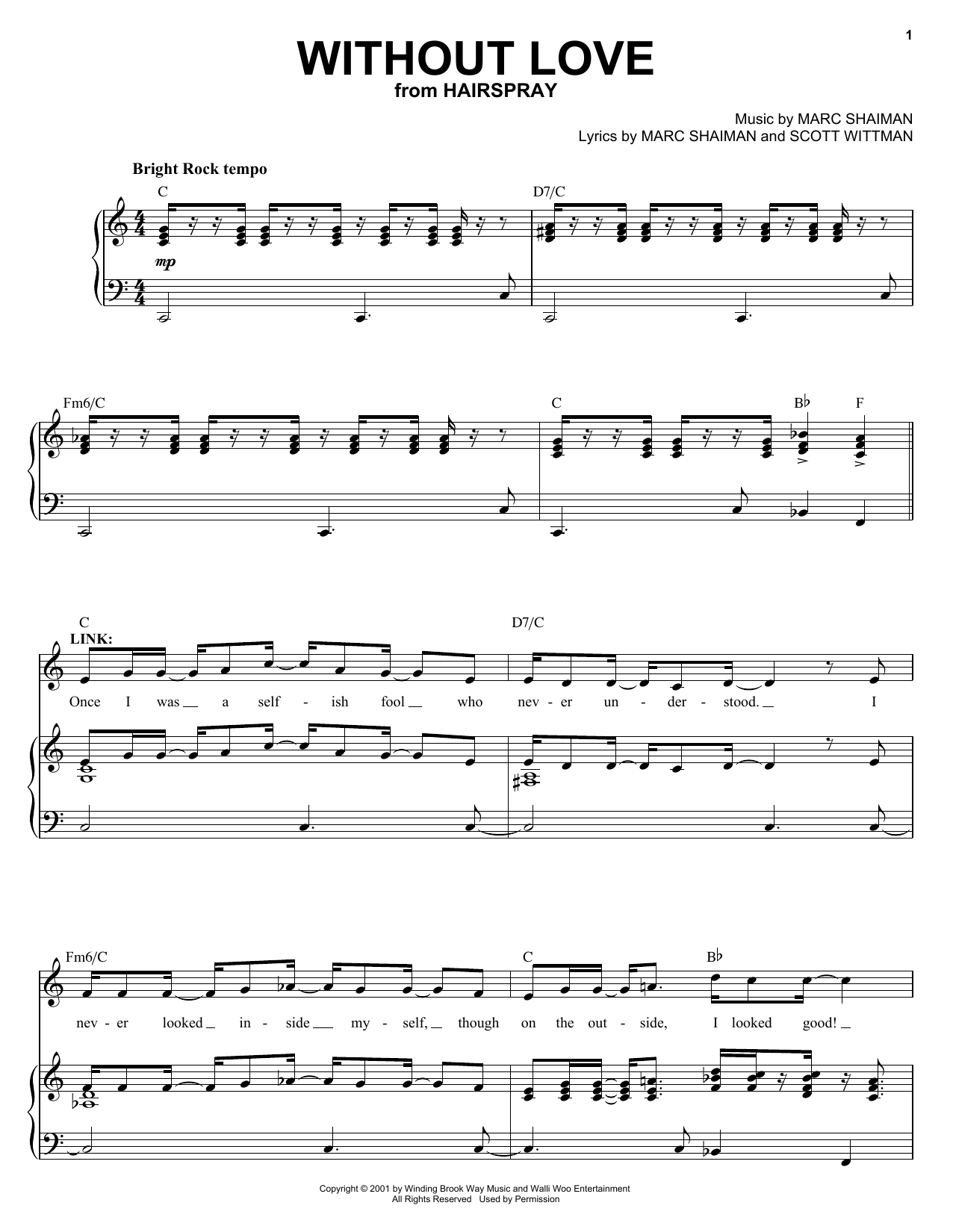 Marc Shaiman Without Love (from Hairspray) sheet music notes and chords arranged for Piano, Vocal & Guitar Chords