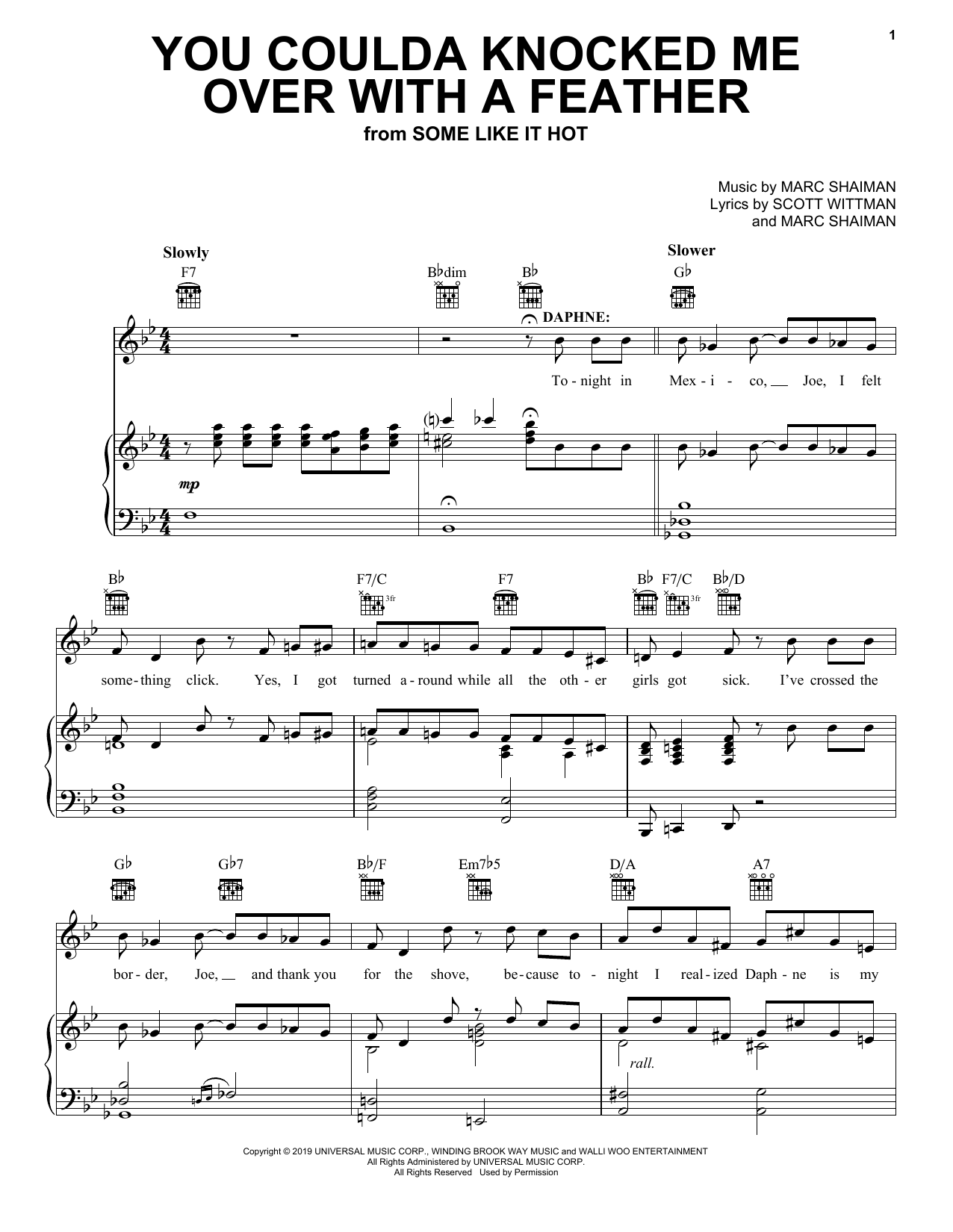 Marc Shaiman You Coulda Knocked Me Over With A Feather (from Some Like It Hot) sheet music notes and chords arranged for Piano, Vocal & Guitar Chords (Right-Hand Melody)