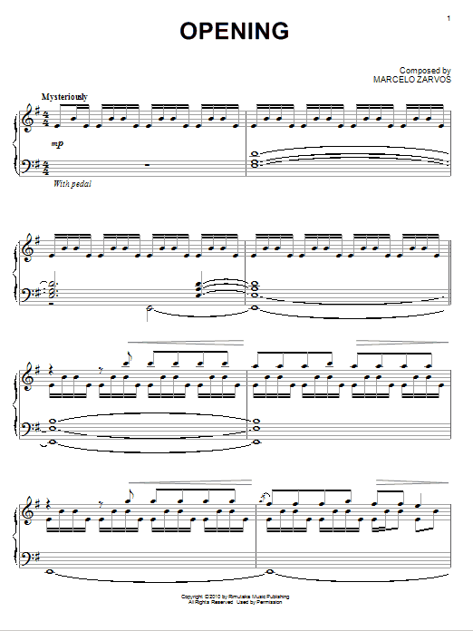 Marcelo Zarvos Opening sheet music notes and chords arranged for Piano Solo