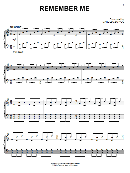 Marcelo Zarvos Remember Me sheet music notes and chords arranged for Piano Solo