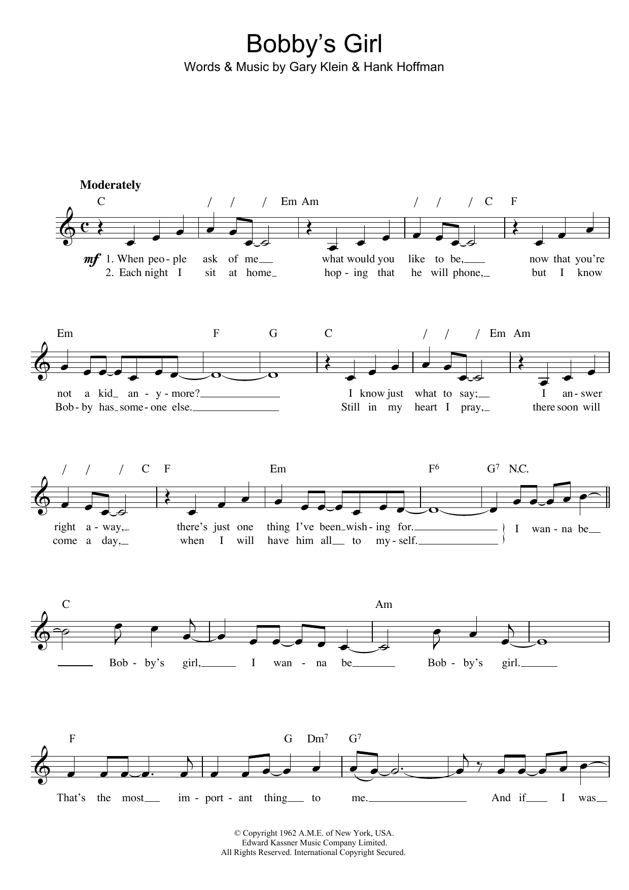 Marcie Blane Bobby's Girl sheet music notes and chords arranged for Guitar Chords/Lyrics