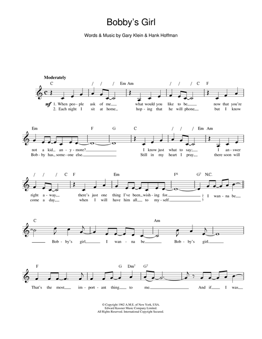 Marcie Blane Bobby's Girl sheet music notes and chords. Download Printable PDF.