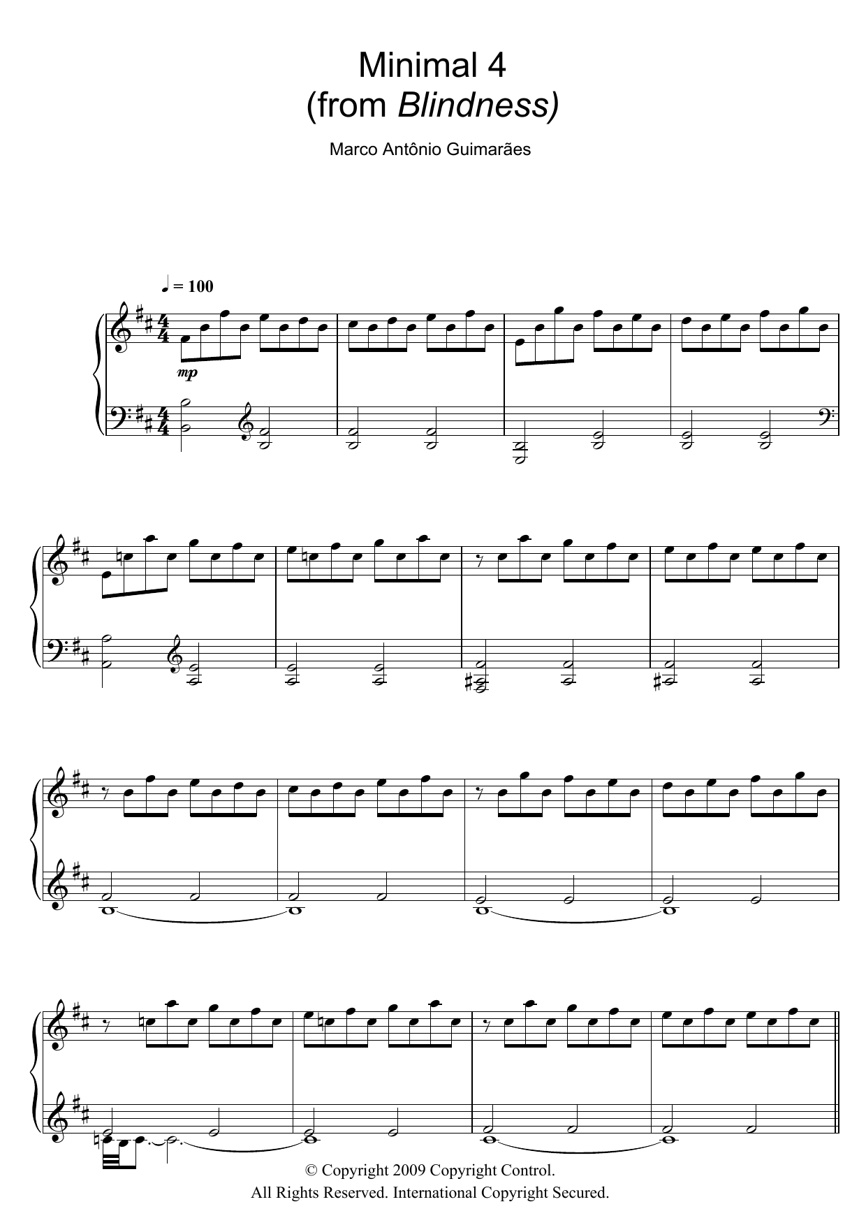 Marco Antonio Guimaraes Minimal 4 (from Blindness) sheet music notes and chords arranged for Piano Solo