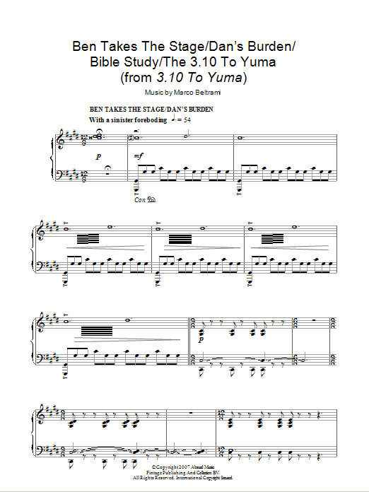 Marco Beltrami Ben Takes The Stage / Dan's Burden / Bible Study / The 3:10 To Yuma sheet music notes and chords arranged for Piano Solo