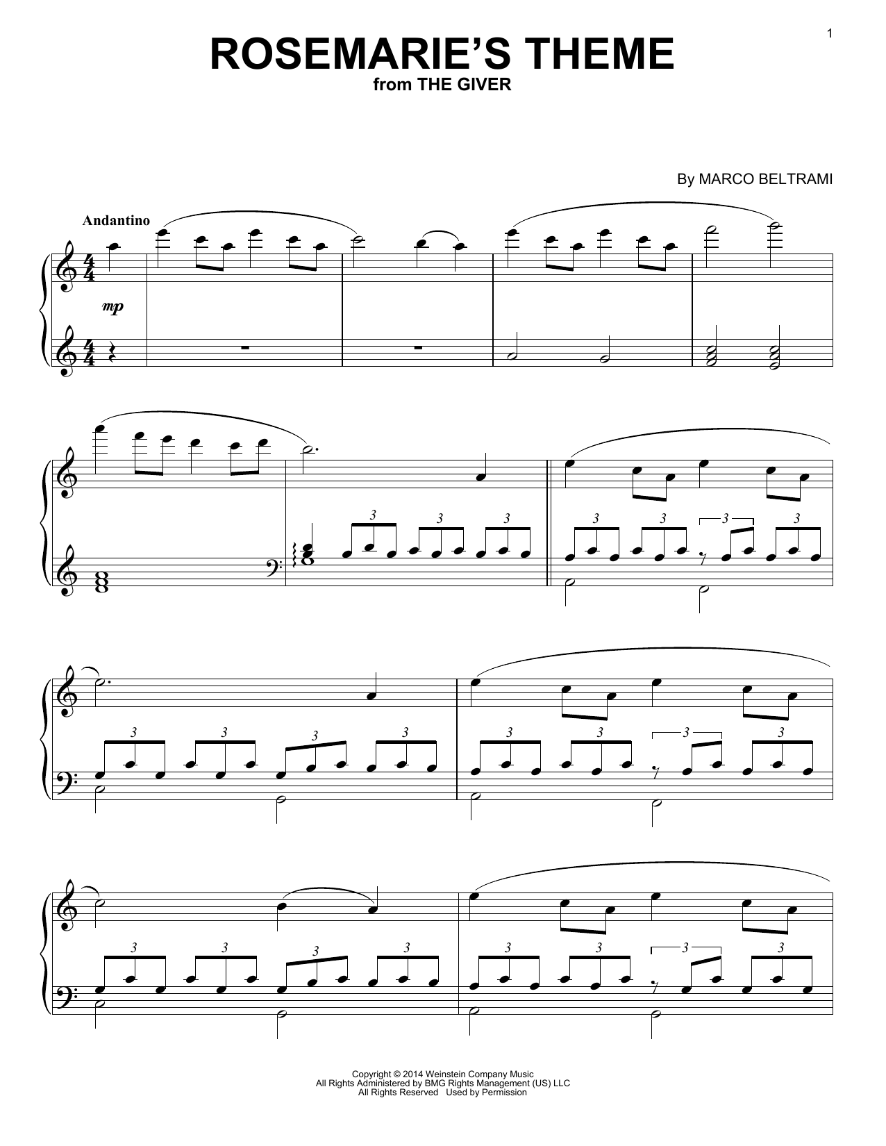 Marco Beltrami Rosemarie's Theme sheet music notes and chords arranged for Piano Solo