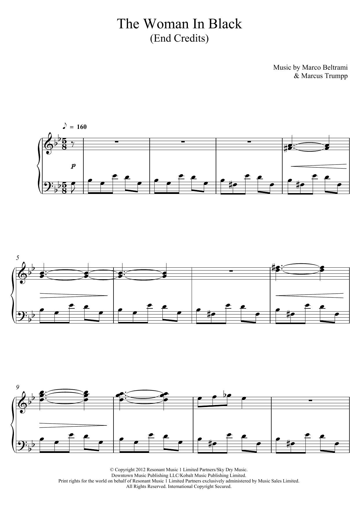 Marco Beltrami The Woman In Black (End Credits) sheet music notes and chords arranged for Piano Solo