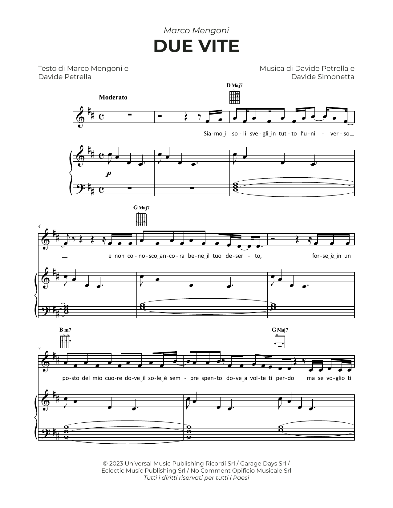 Marco Mengoni Due Vite sheet music notes and chords arranged for Piano, Vocal & Guitar Chords (Right-Hand Melody)