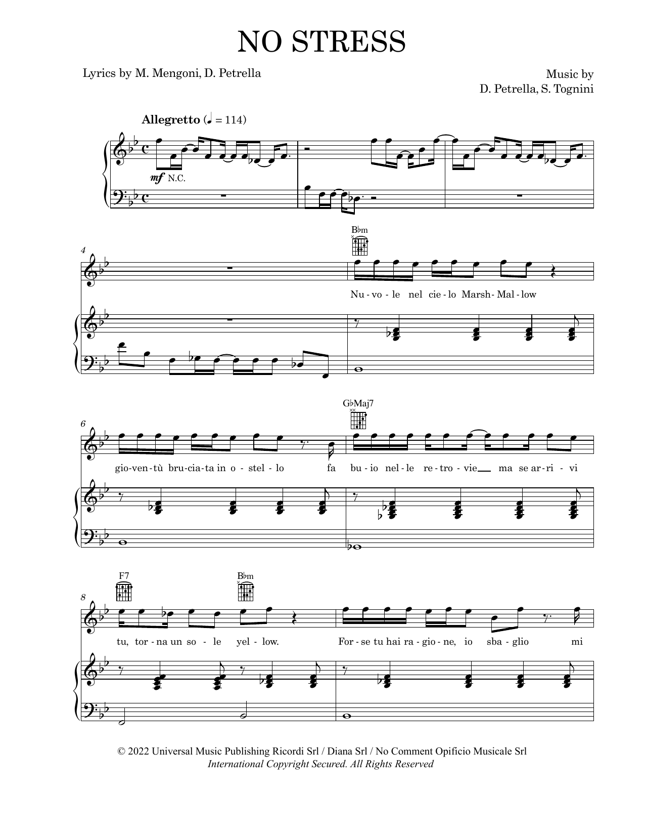 Marco Mengoni No Stress sheet music notes and chords arranged for Piano, Vocal & Guitar Chords (Right-Hand Melody)