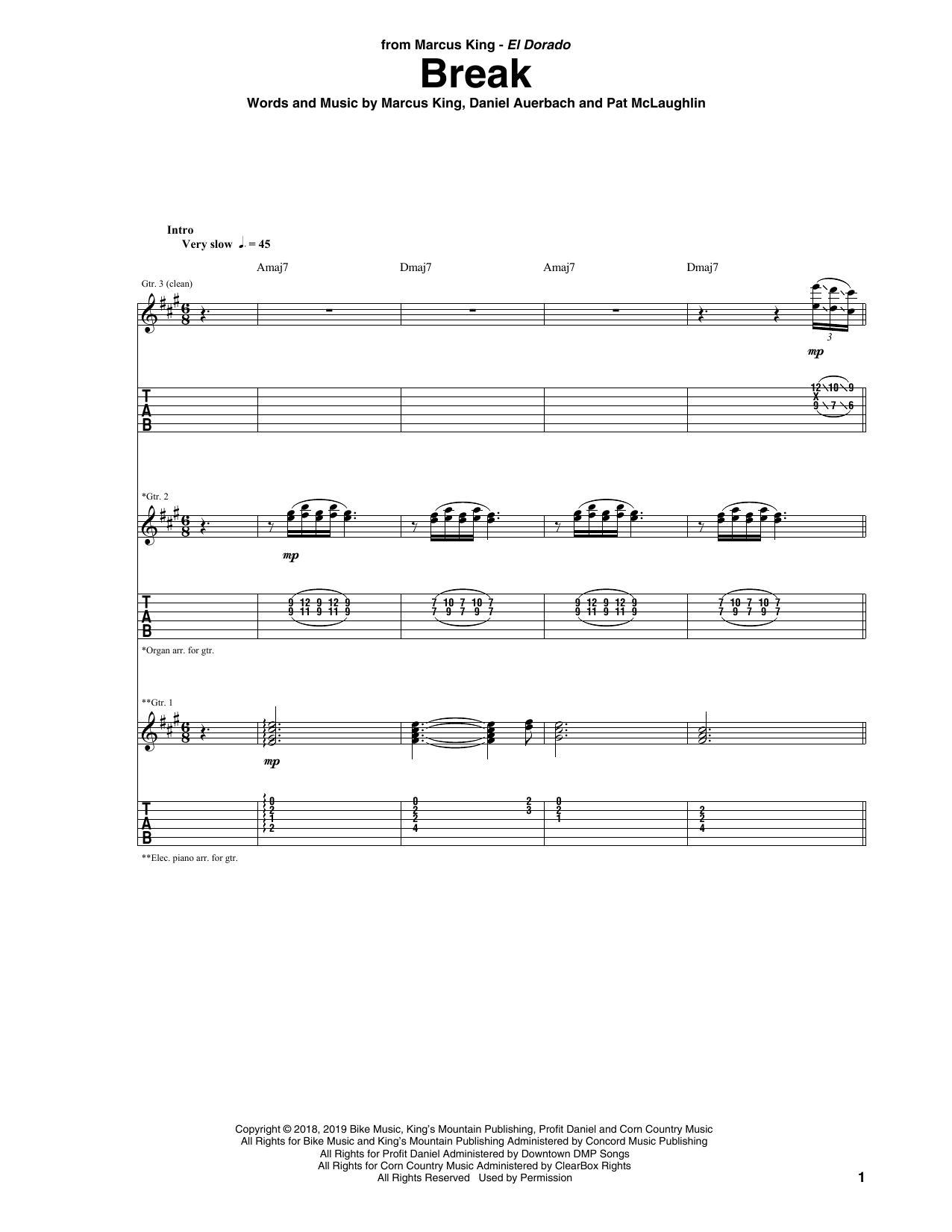 Marcus King Break sheet music notes and chords arranged for Guitar Tab