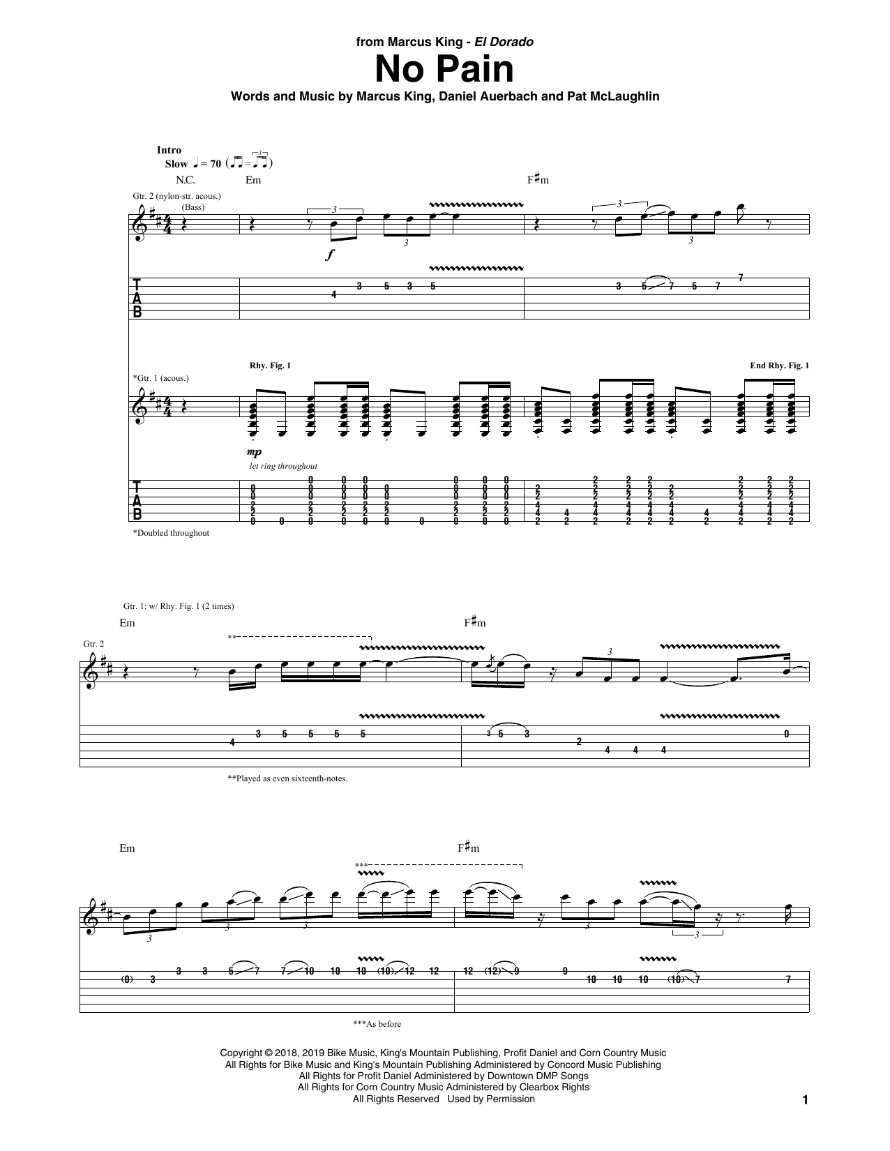 Marcus King No Pain sheet music notes and chords arranged for Guitar Tab