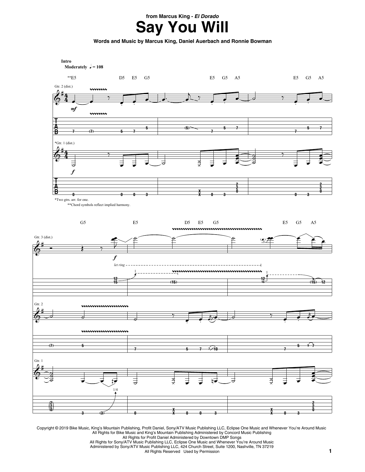 Marcus King Say You Will sheet music notes and chords arranged for Guitar Tab