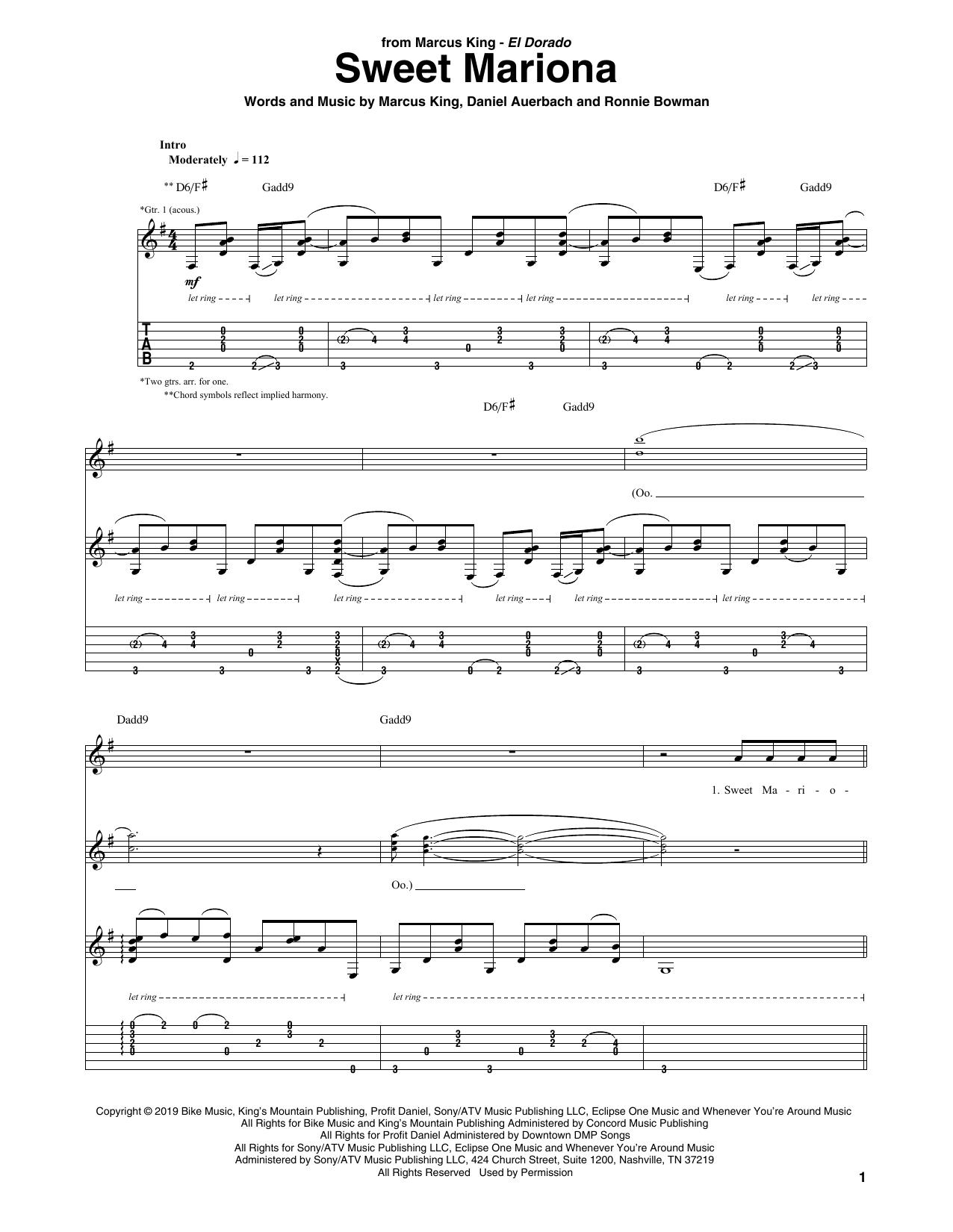 Marcus King Sweet Mariona sheet music notes and chords arranged for Guitar Tab