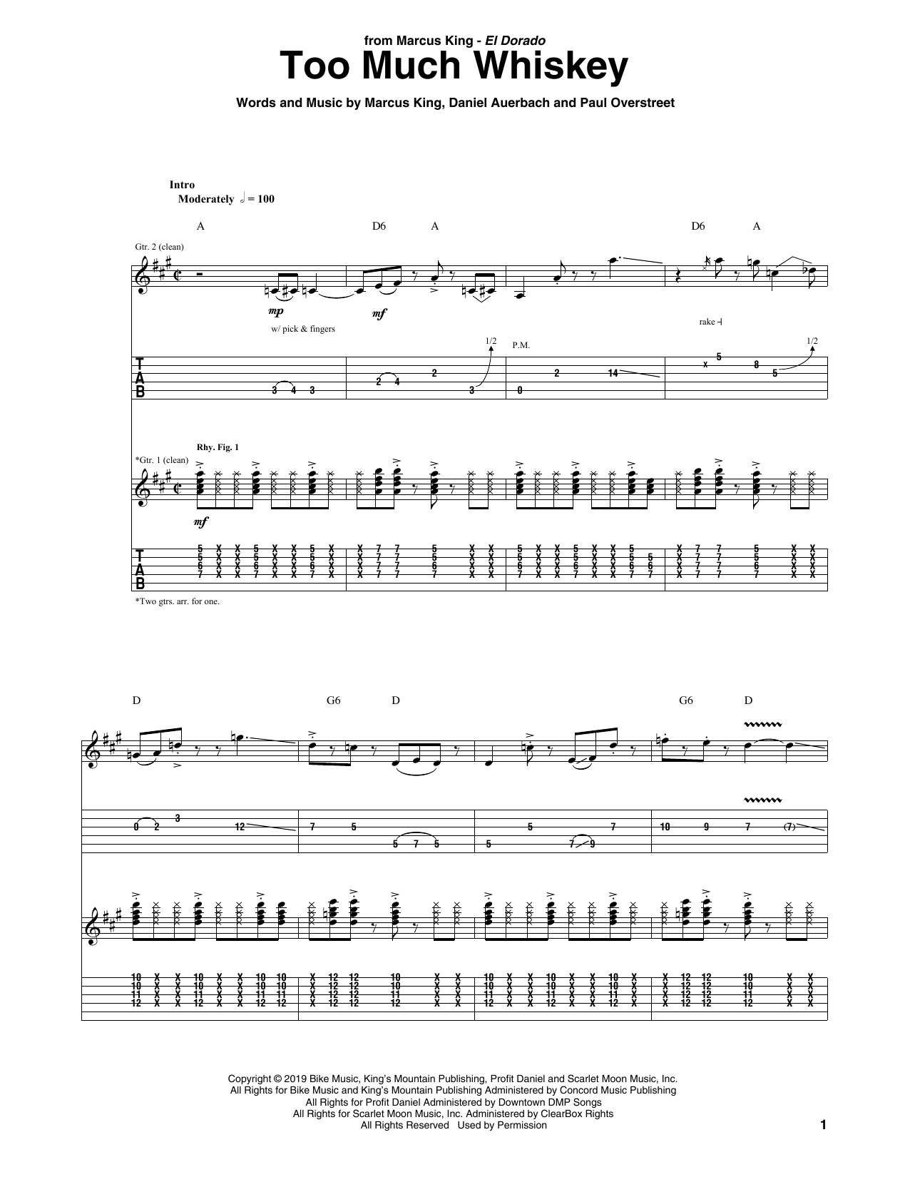 Marcus King Too Much Whiskey sheet music notes and chords arranged for Guitar Tab