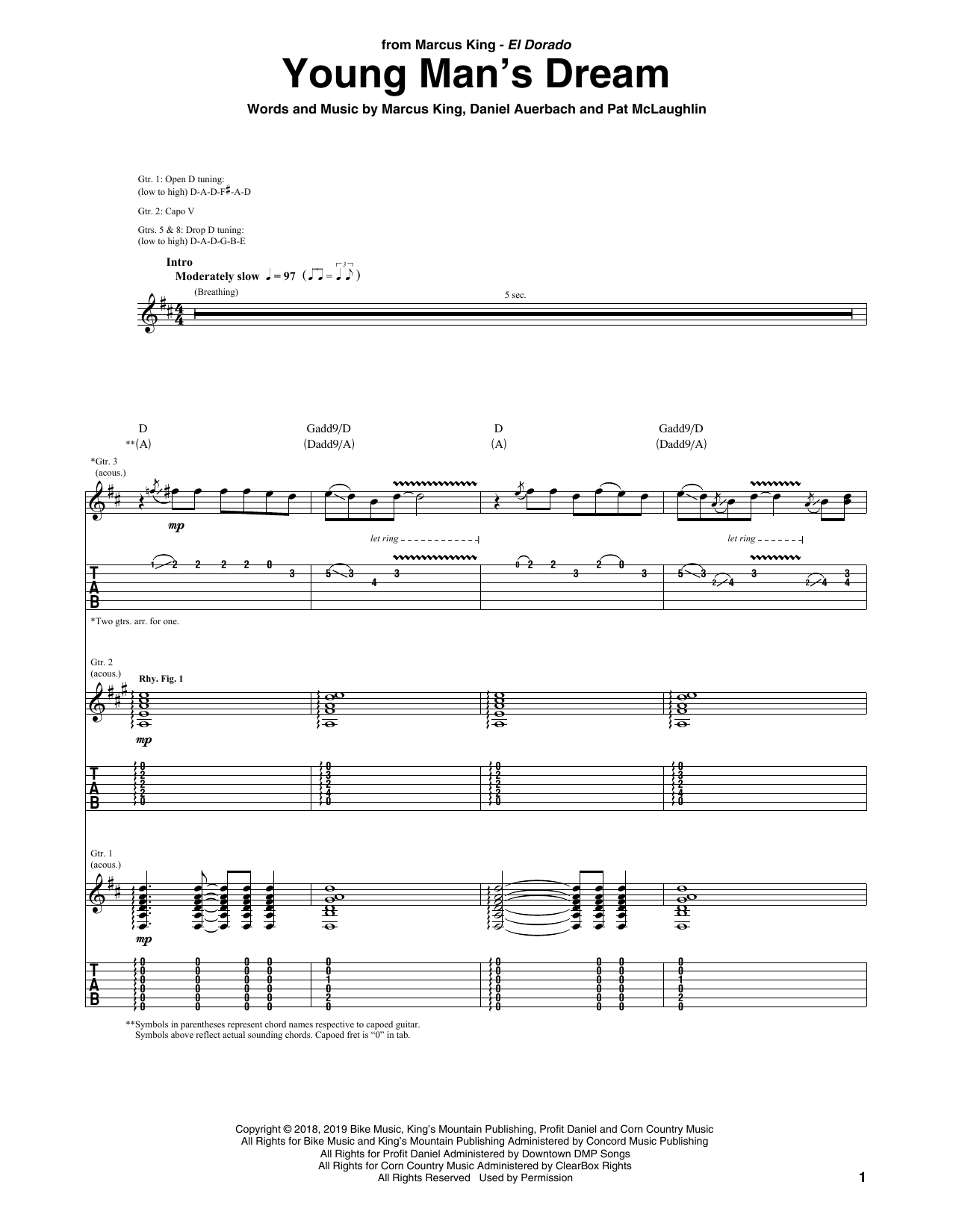Marcus King Young Man's Dream sheet music notes and chords arranged for Guitar Tab