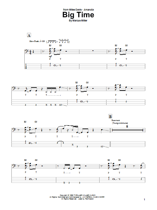 Marcus Miller Big Time sheet music notes and chords arranged for Bass Guitar Tab