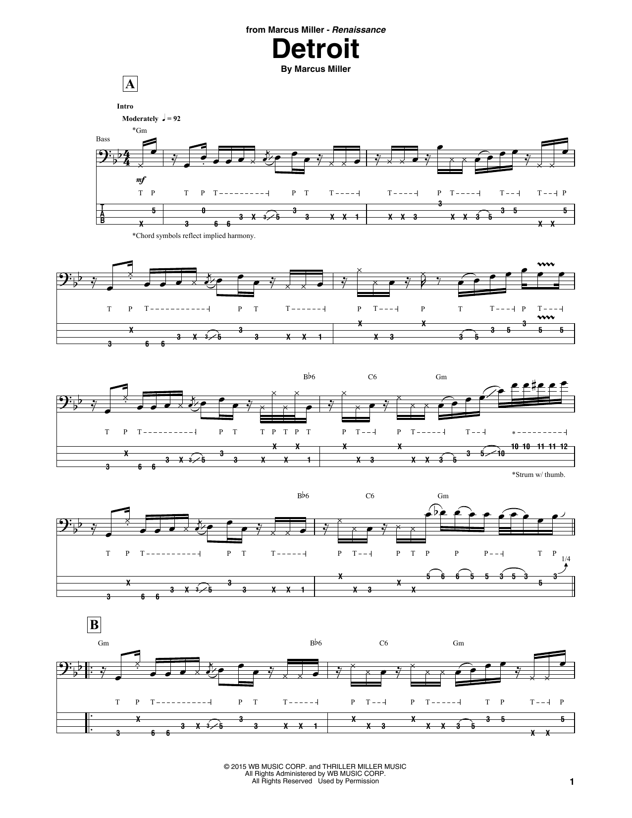 Marcus Miller Detroit sheet music notes and chords arranged for Bass Guitar Tab