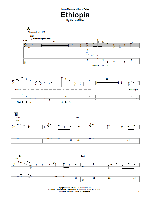 Marcus Miller Ethiopia sheet music notes and chords arranged for Bass Guitar Tab
