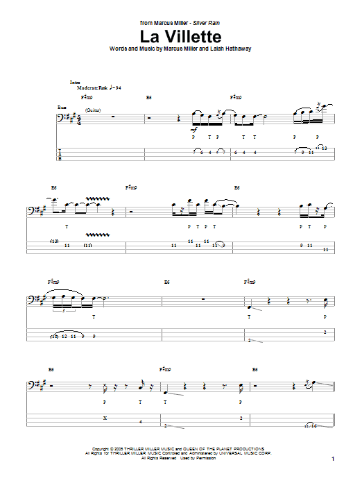 Marcus Miller La Villette sheet music notes and chords arranged for Bass Guitar Tab