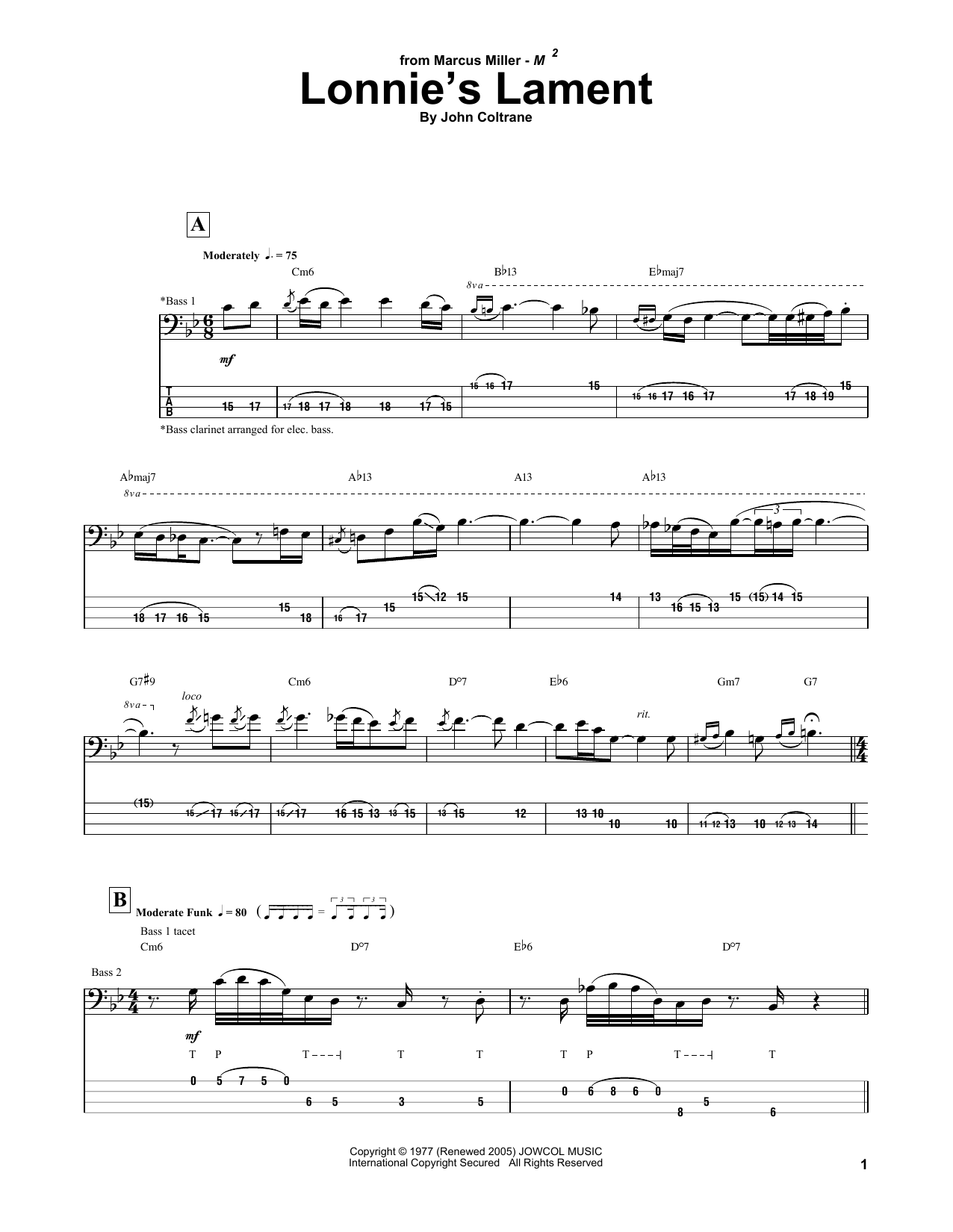 Marcus Miller Lonnie's Lament sheet music notes and chords arranged for Bass Guitar Tab