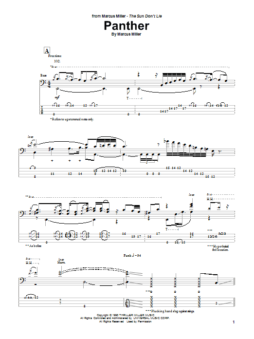 Marcus Miller Panther sheet music notes and chords arranged for Bass Guitar Tab