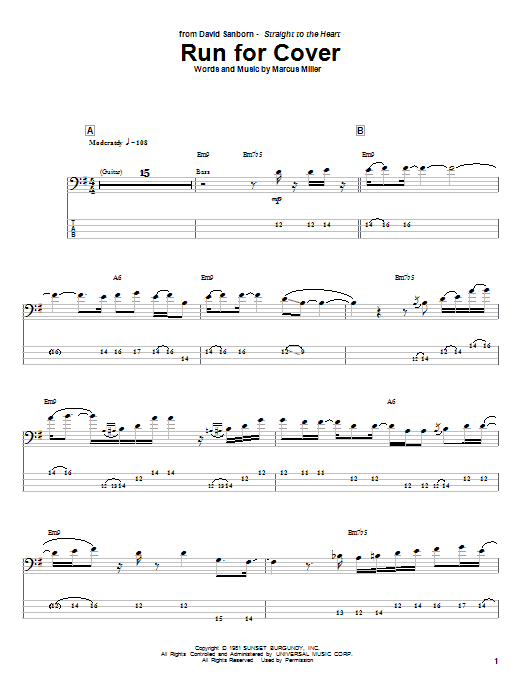 Marcus Miller Run For Cover sheet music notes and chords arranged for Bass Guitar Tab