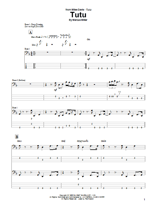 Marcus Miller Tutu sheet music notes and chords arranged for Bass Guitar Tab