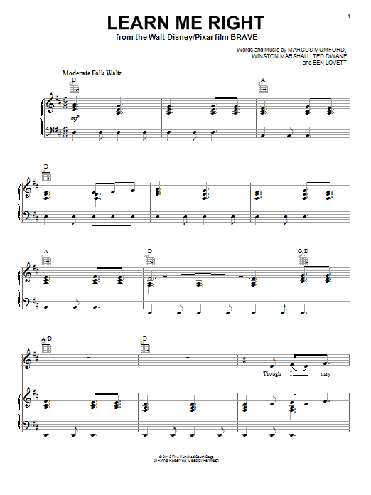 Marcus Mumford Learn Me Right sheet music notes and chords arranged for Piano, Vocal & Guitar Chords (Right-Hand Melody)